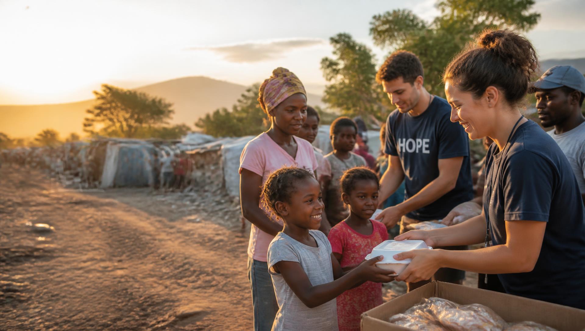 Volunteers distributing meals to families and children at sunset